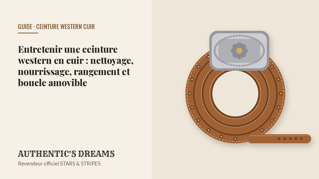 Ceinture western en cuir tan gaufré enroulée avec sa boucle argentée gravée, guide d'entretien AUTHENTIC'S DREAMS