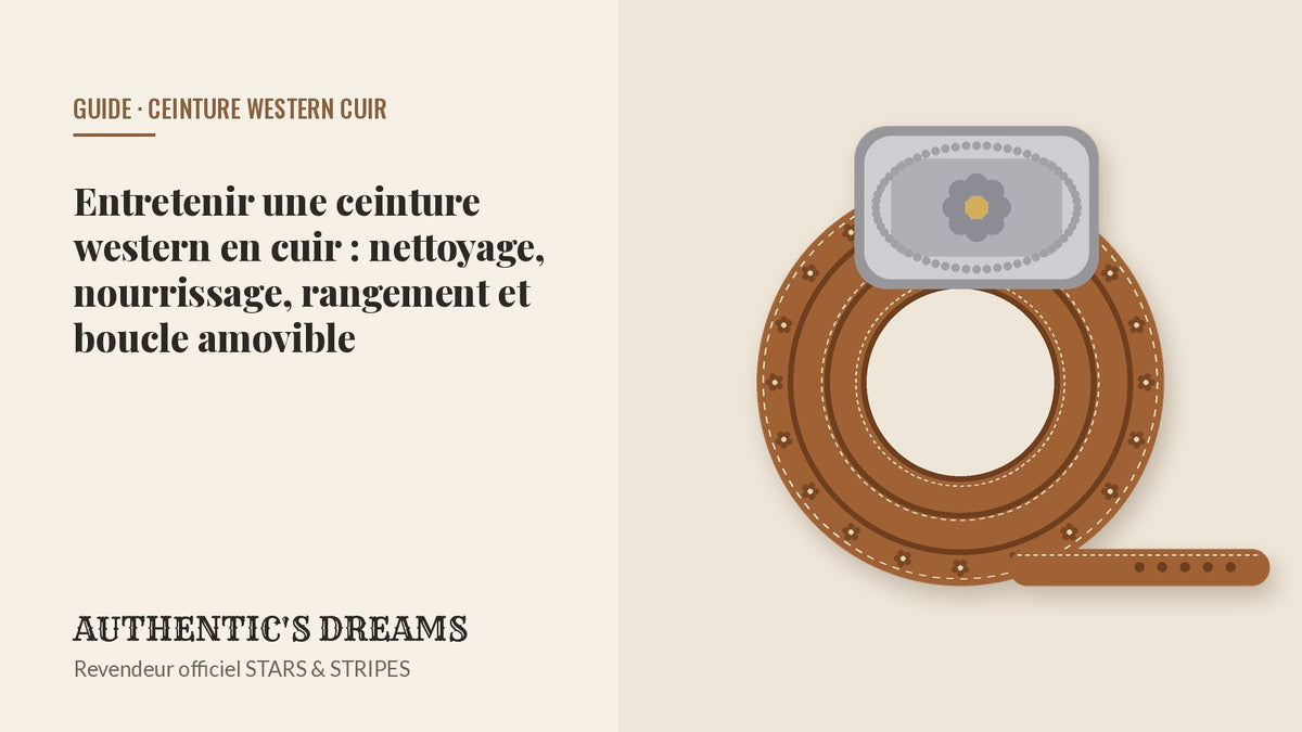 Ceinture western en cuir tan gaufré enroulée avec sa boucle argentée gravée, guide d'entretien AUTHENTIC'S DREAMS
