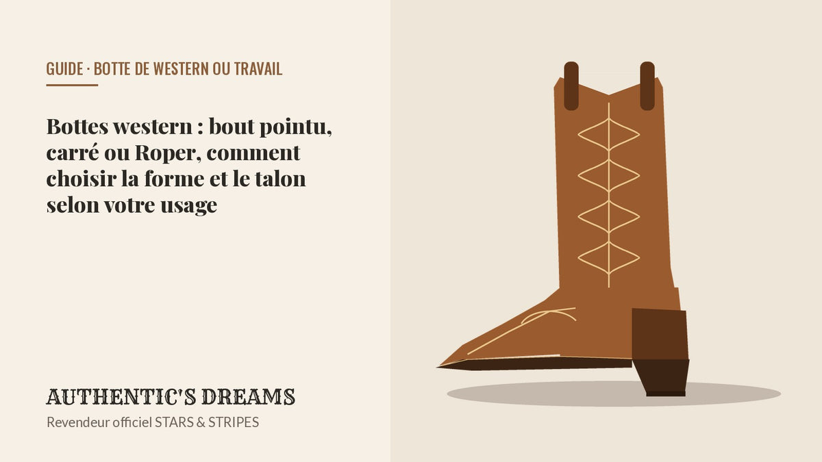 Botte western en cuir cognac à bout pointu et talon biseauté, guide pour choisir la forme du bout et du talon AUTHENTIC'S DREAMS